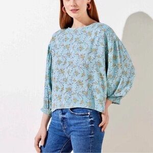 LOFT Size Large Long Sleeve Blue with Yellow Floral Blouse